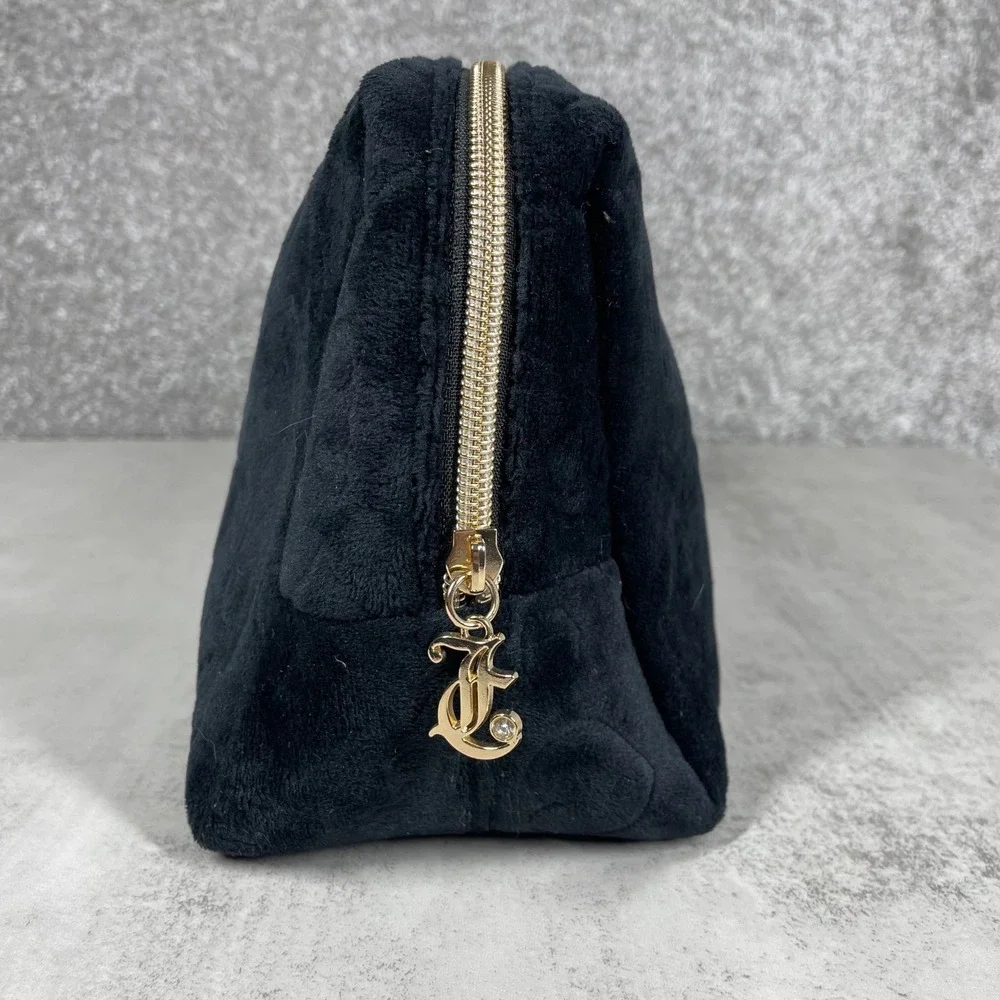 Juicy Couture Velour Makeup Bag Y2K Embossed Monogram Cosmetic Pouch Black Gold